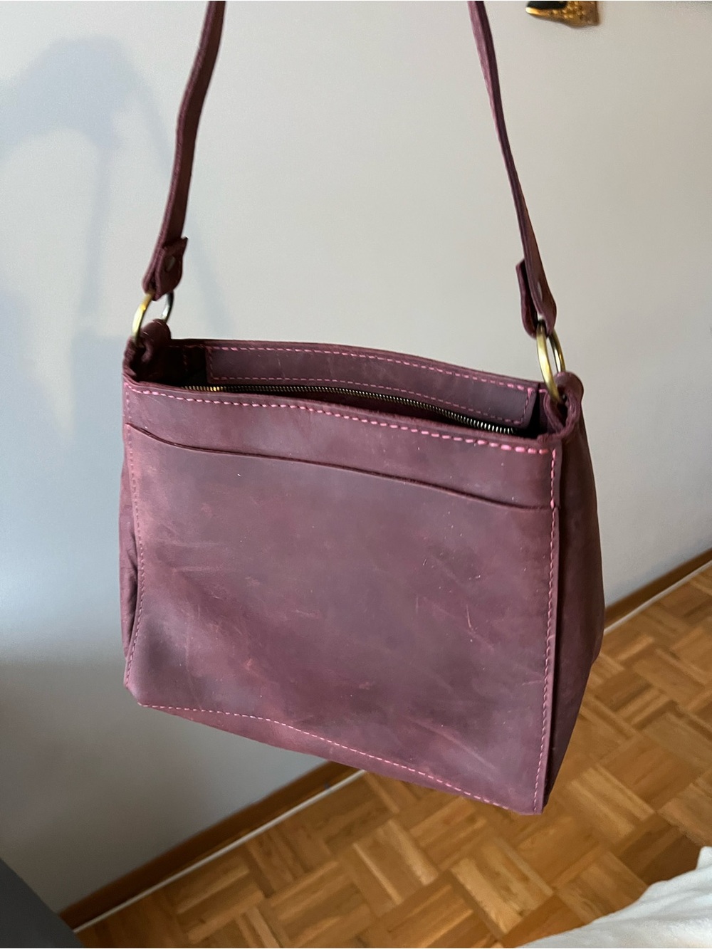 Portland Leather Goods triangle in Merlot leather plus crossbody strap